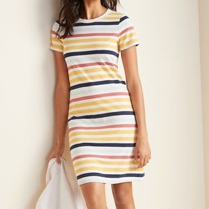 Fitted Crew Neck Tee Dress, Multi-Stripe